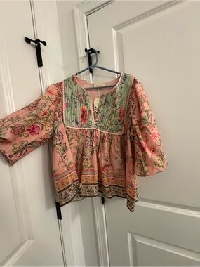 Women’s Pink Floral Boho Blouse with Green Embroidered Yoke